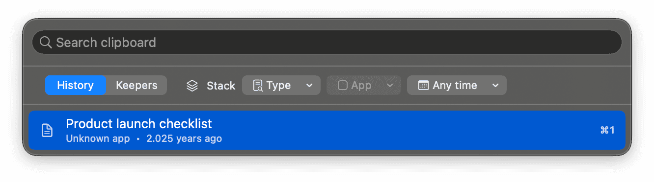 Clip 4 Breakfast launcher showing a selected clipboard item and keyboard controls.